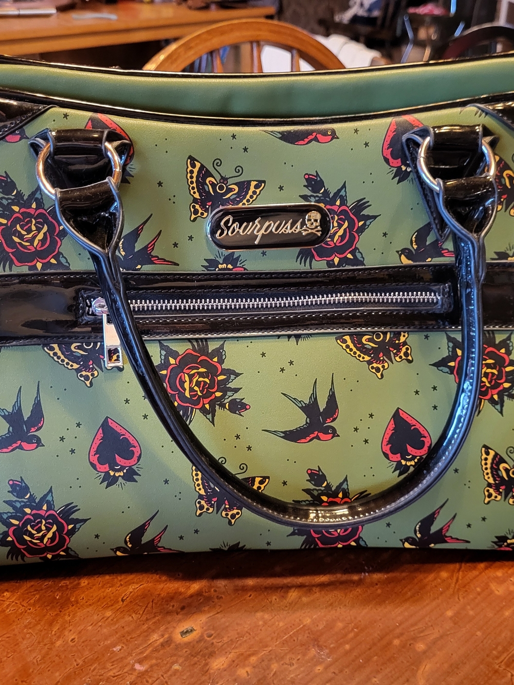 Sourpuss Olive Green Tattoo-Print Satchel with Black Trim - "Hearts And Roses"